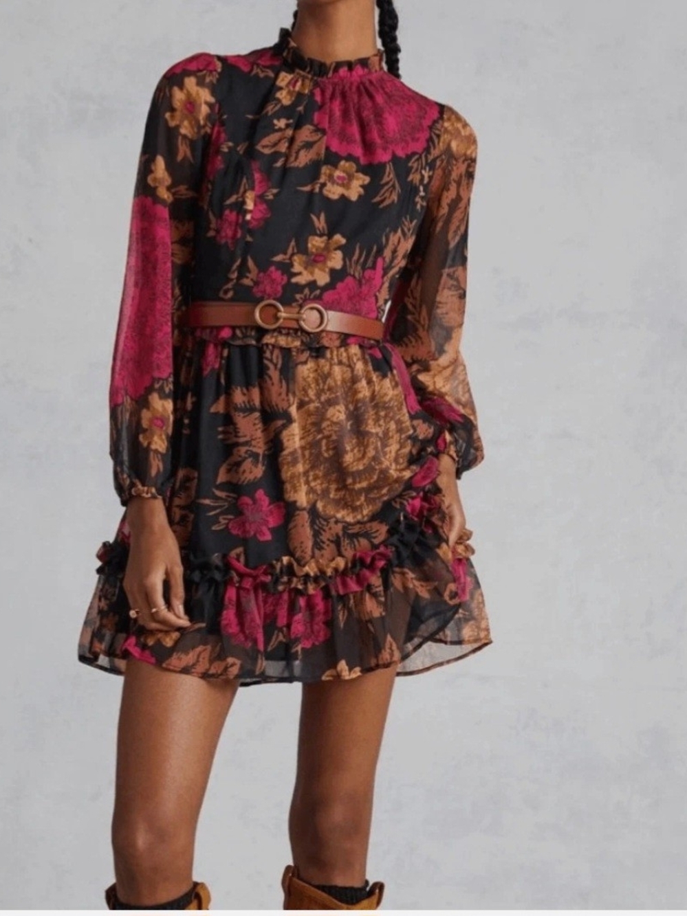 Anthropologie Black Floral Ruffle Mini Dress with Magenta and Tan Accents